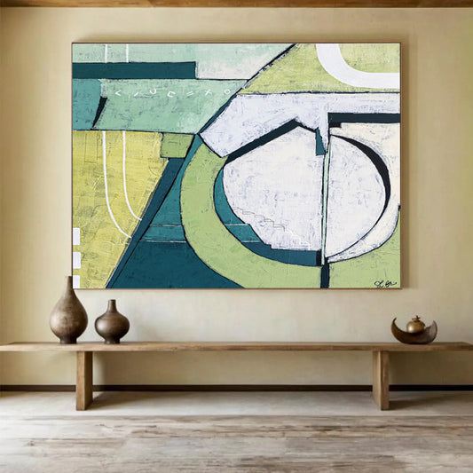 “Green - White Geometric Abstraction” Abstract Mixed - Media Painting On Canvas DKH543