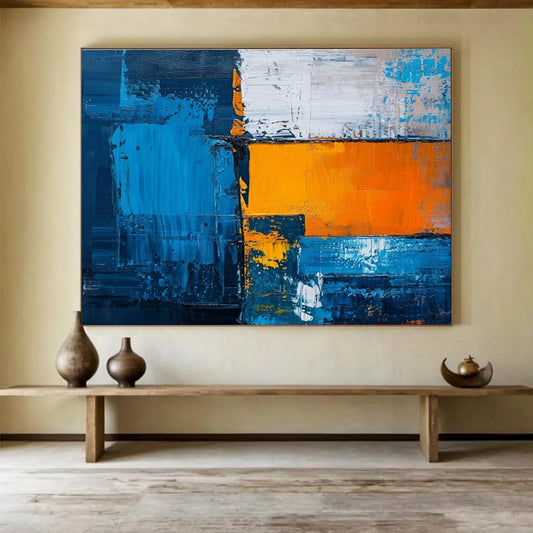 Bold Blue and Orange Geometric Abstract Painting On Canvas DKH273