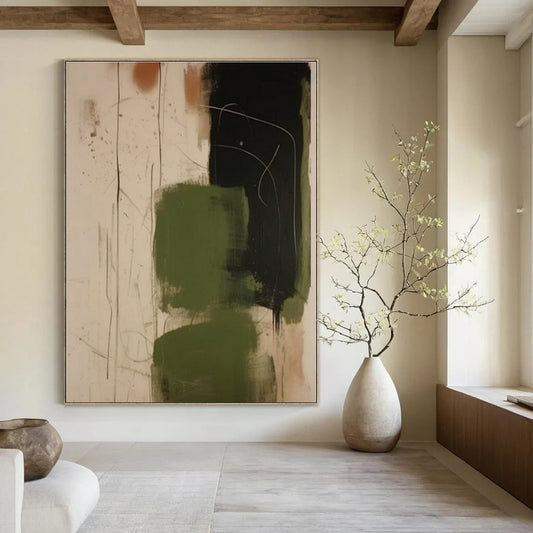 Green, Black & Rust Splashes - Abstract Expressionist Acrylic On Canvas CT1298