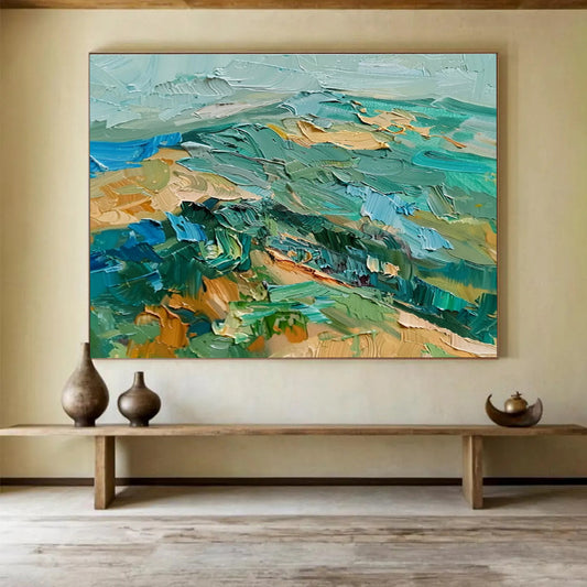 “Turquoise & Green Textured Landscape” Impasto Oil Painting On Canvas DKH341