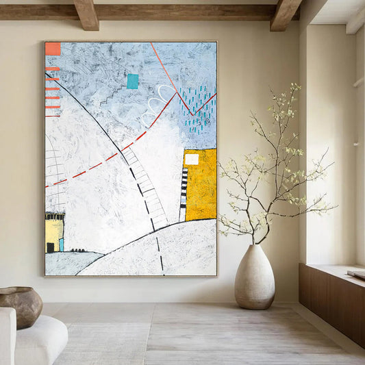 Linear Abstract Landscape - Blues, Reds, and Architectural Elements Painting On Canvas CT2381