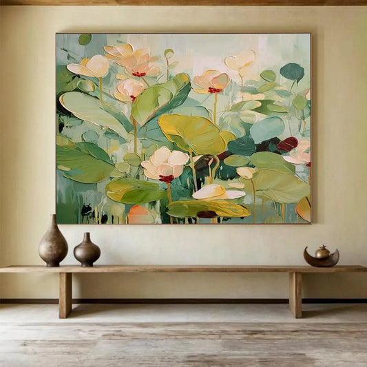 “Soft - Hued Lotus Pond” Pastel Floral Painting On Canvas DLZ089