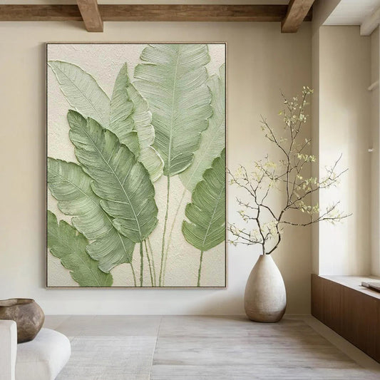 “Textured Ferns in Sage” - 3D Botanical Plaster Art on Canvas CT1876