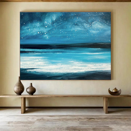 Vibrant Blue Galaxy and Ocean “Celestial Coastal Dream” Painting On Canvas DKH104