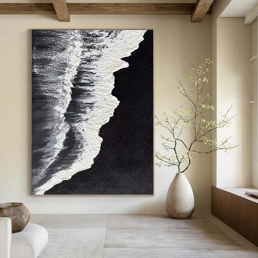 “Black - White Wave Detail” - Black & White Textured Seascape Painting On Canvas DKH0962