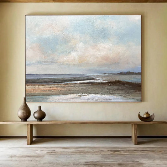 “Soft Coastal Hues” - Blue, Gray, Brown Impressionistic Seascape Painting On Canvas DKH755
