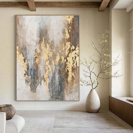 Grey, Brown & Gold Textured Accents - "Gilded Echoes" - Abstract Textured Painting CT1471