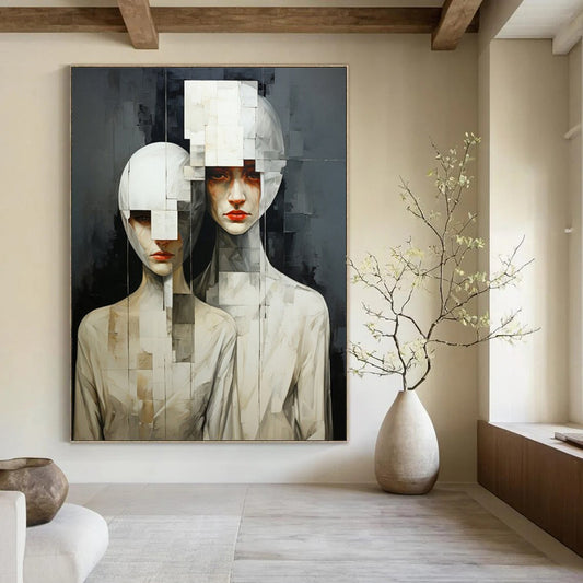 “Cubist Human Figures” - Gray & White Abstract Portrait Painting On Canvas CT2203