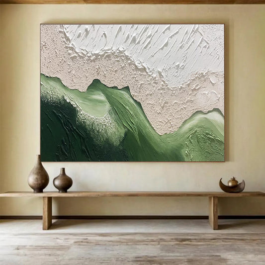 Abstract Green Mountains - Beige & Green Textured Landscape Painting On Canvas DKH874