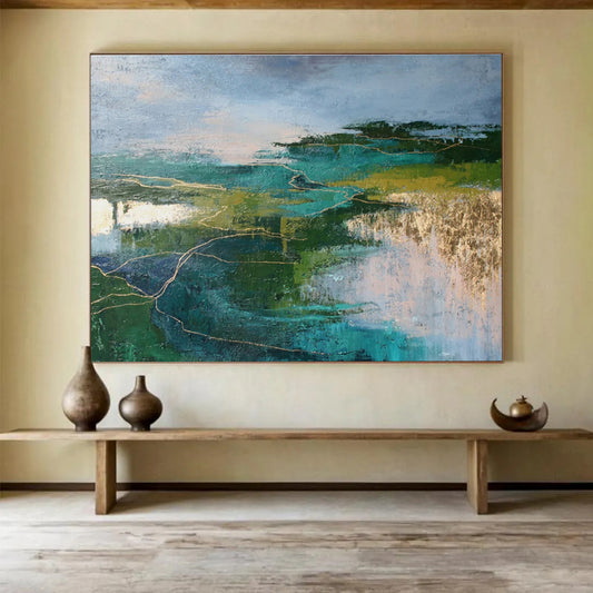“Teal - Green Abstract Landscape with Gold Veins” Abstract Acrylic Painting On Canvas DKH505