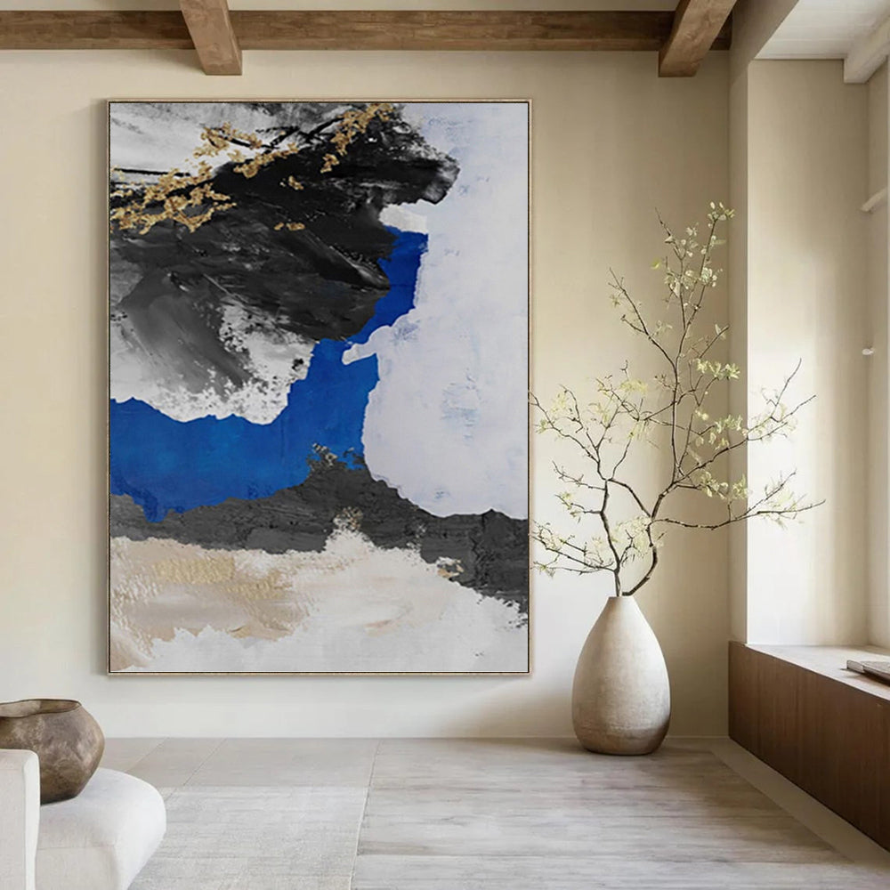 “Black - Blue - Gold Abstract Ink - Inspired” Painting On Canvas DKH1231
