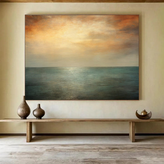 “Orange, Teal, Gray Seaside ‘Eternal Sunset’” - Abstract Seascape Painting On Canvas DLZ010