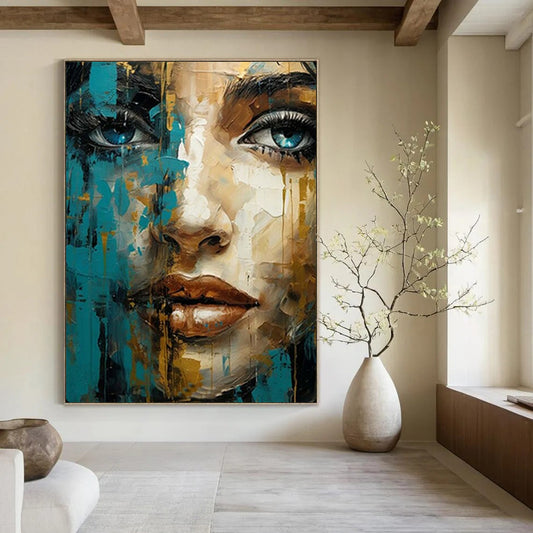 “Blue and Gold Abstract Portrait” – Expressive Oil Painting On Canvas CT2132