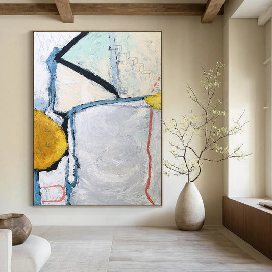 “Gray - Based Abstract with Blue, Yellow, and Red Details” - Dynamic Abstract Painting On Canvas DKH1103