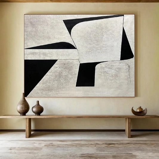 Monochrome Geometric Contrast in Gray and Black, Abstract Cubist - Inspired Painting On Canvas DKH582