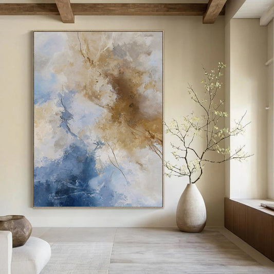 “Blue & Beige Abstract Clouds” - Blue, Beige & White Airy Painting On Canvas DKH1020