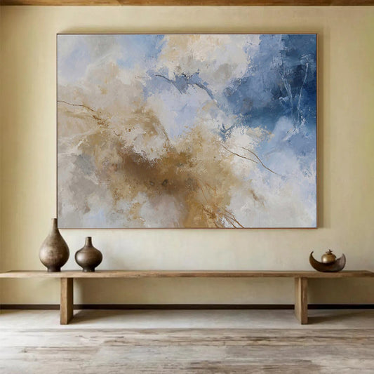 Blue, White, and Gold Abstract “Skyward Luxe Abstraction” Painting On Canvas DKH136