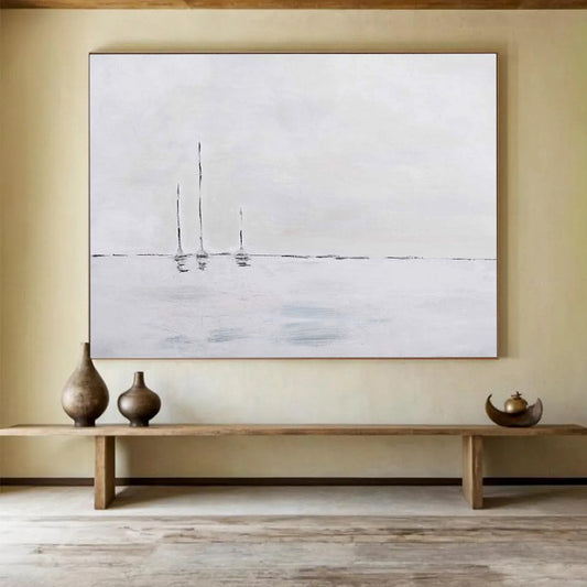 “Minimalist Sailboats in White” - White & Gray Maritime Minimalist Painting On Canvas DLZ261