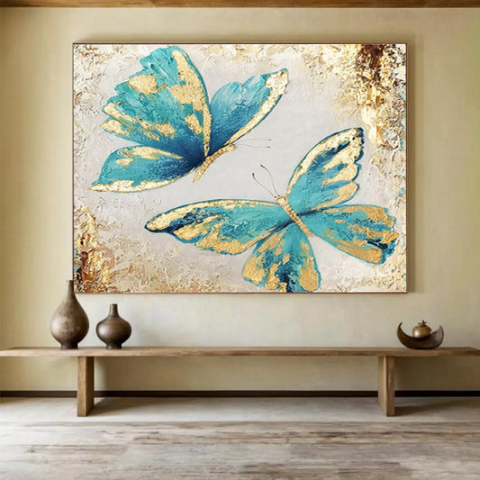 “Teal & Gold Butterflies” - Blue, Gold, White Impasto Insect Painting On Canvas DKH734