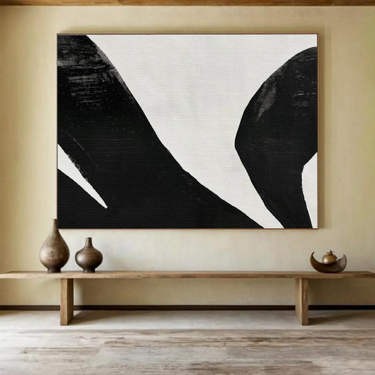 Bold Black - White Forms in Black and White, Abstract Expressionist - Style Painting On Canvas DKH586