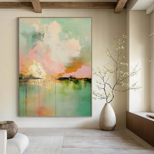 “Teal, Pink & Orange Abstract Sky Reflection” Painting On Canvas DKH0994
