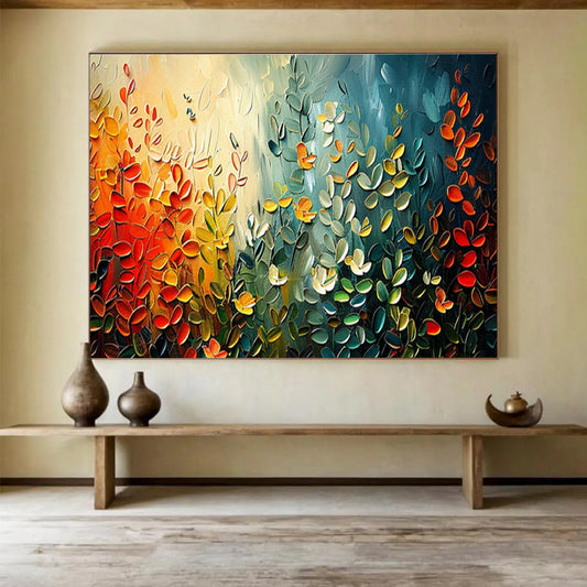 “Textured Foliage Symphony” - Multicolor, 3D - like Leaf Impasto Painting On Canvas DKH711