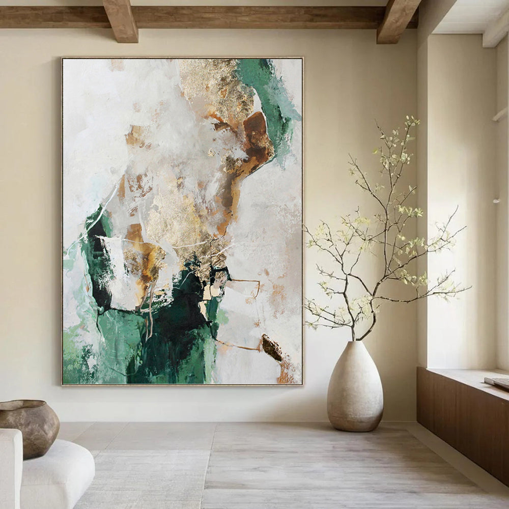 “Green, Gold & White Abstract” - Green, Gold & White Modernist Painting On Canvas DKH1008
