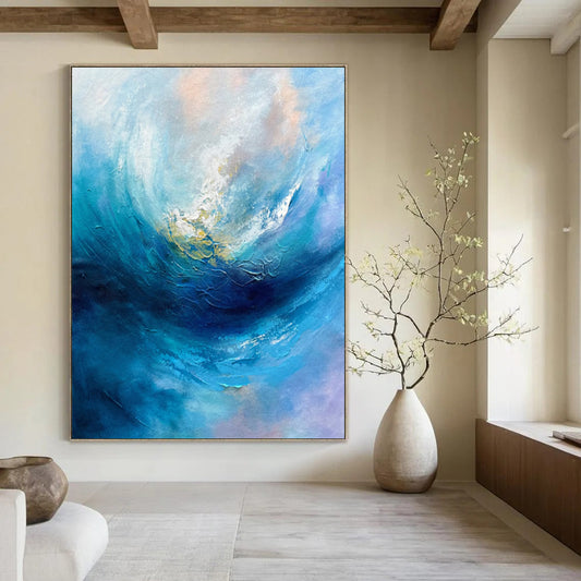 “Blue Abstract Wave” - Blue & White Abstract Painting On Canvas CT2250