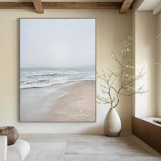“Serene Gray Beach” - Gray, Blue, White Landscape Painting On Canvas DTP310
