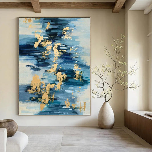 “Blue - Gold Fluid Reflections” - Blue, White & Gold Abstract Water - Inspired Painting On Canvas DKH0931
