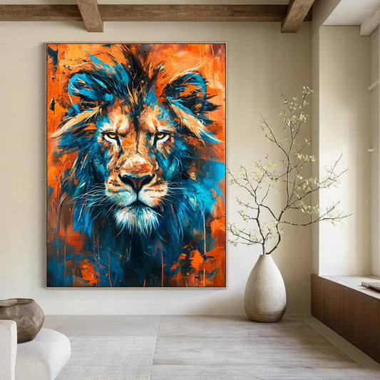 “Vibrant Lion Portrait” - Blue, Orange Dynamic Animal Painting On Canvas CT2212