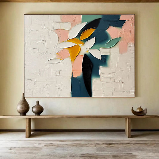 “Color - Blocked Flower in Pastels” - Pink, Teal, Yellow, White Impasto Floral Painting On Canvas DKH747
