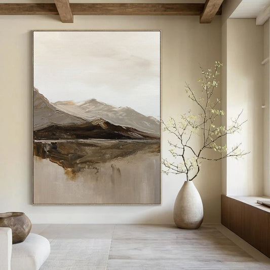 “Gray, Brown, White Mountain Reflection ‘Nature’s Mirror’” - Impasto Landscape Painting On Canvas DTP358