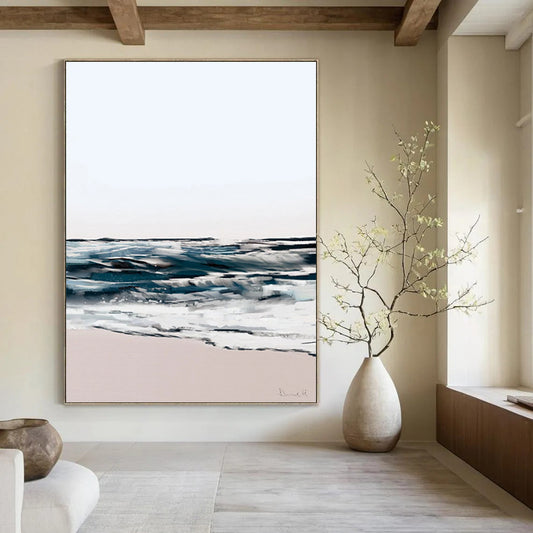 “Abstract Coastal Waves” - Blue, White, and Pink Abstract Painting On Canvas DTP208