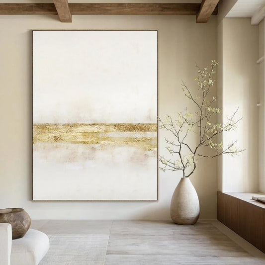 “Gilded Simplicity” - White & Gold Minimalist Stripes Painting On Canvas DKH1538