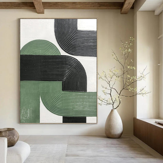 “Intertwined Paths” - Green & Black Ribbed Geometric Painting On Canvas DKH1171
