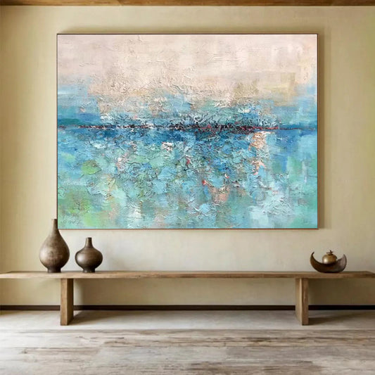 “Blue & Green Textured Waterscape” Impasto Landscape Painting On Canvas DKH355
