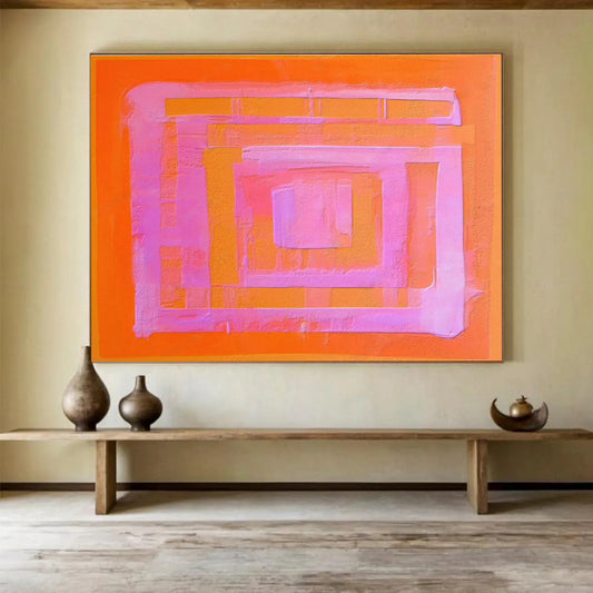 “Orange & Pink Geometric Layers” Minimalist Abstract Painting On Canvas DKH368