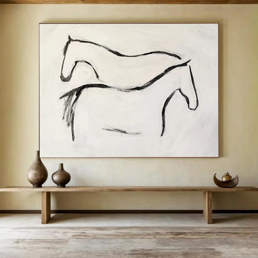 “Ink - Drawn Equine Silhouettes” - Black, White Minimalist Horse Painting On Canvas DKH751