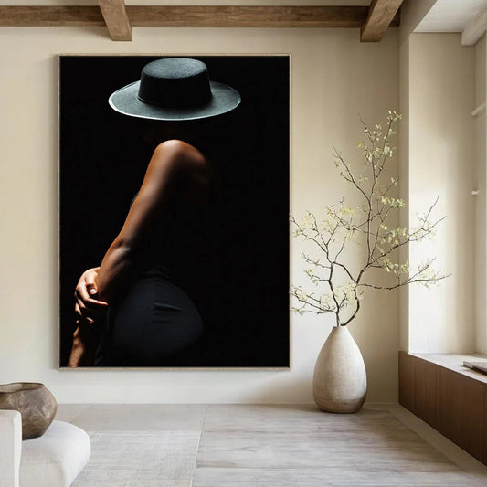 “Black Silhouette of a Woman in Hat” - Figurative Painting On Canvas DKH1606