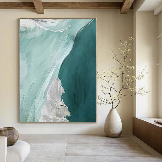 Teal & White Flow - Abstract Seascape Painting On Canvas DKH1236