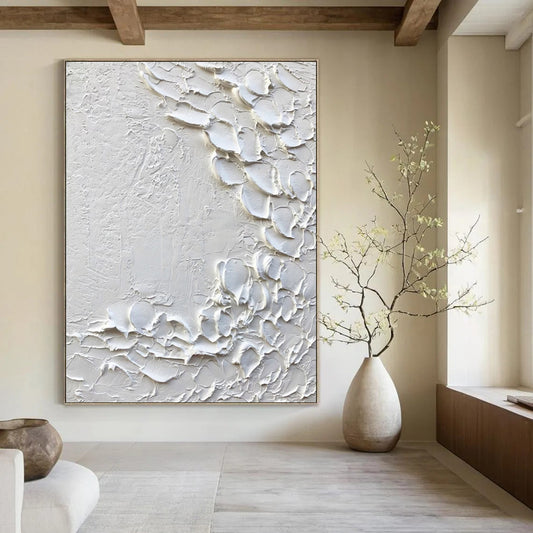 “White, Textured Blossoms ‘Pure Whimsy’” - Impasto Abstract Painting On Canvas DTP373