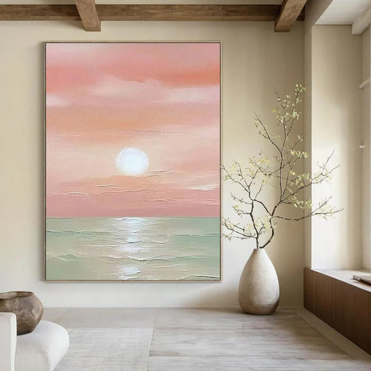 “Pink Sunset Sea” - Pink & Green Seascape Painting On Canvas CT2231