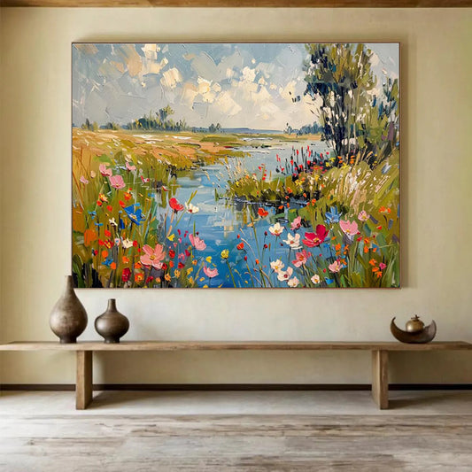 “Riverside Wildflower Meadow” - Impasto Scenery Painting On Canvas DKH833
