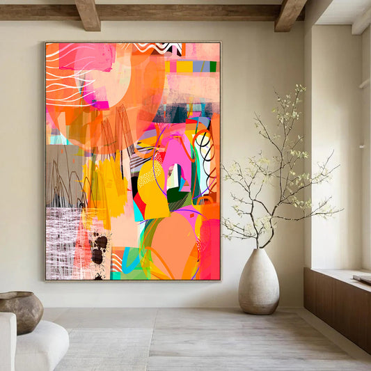 Vibrant Geometric Collage, Playful Shapes - "Color Carnival Collage" - Mixed - media Abstract Art CT1841
