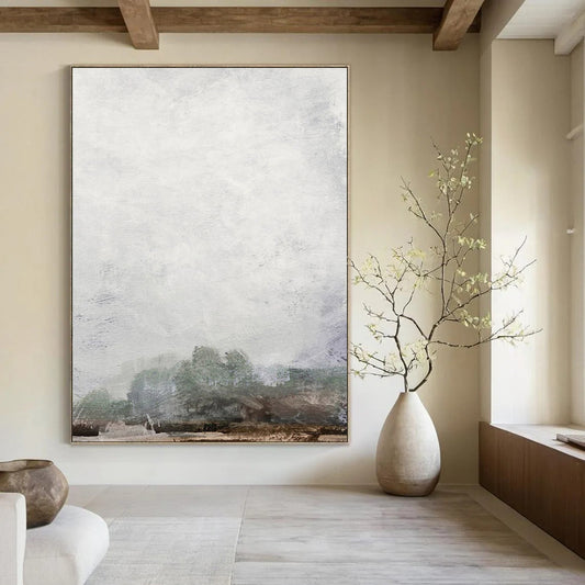 “Foggy Gray Horizon” - Gray, Green Abstract Landscape Painting On Canvas DTP222