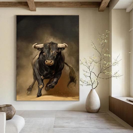 Charging Black Bull in Earthy Tones - Wildlife Painting On Canvas DKH1409