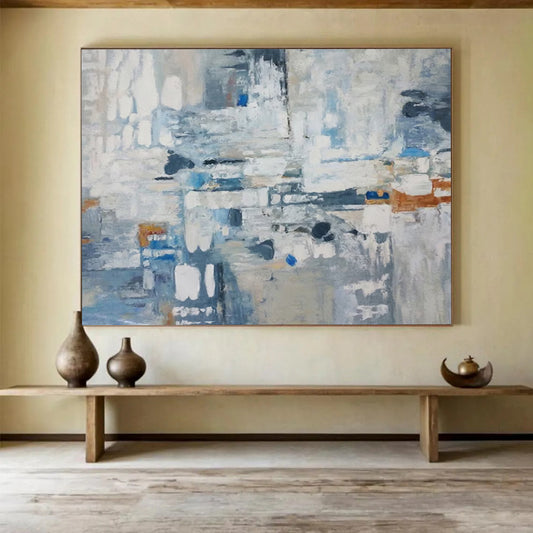 “Blue, Gray, Abstract ‘Urban Mosaic’” - Abstract Cityscape Painting On Canvas DLZ018