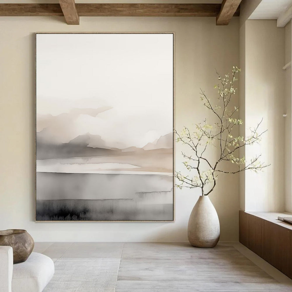 “Ink - Wash Mountain Serenity” – Abstract Watercolor Landscape with Beige and Gray Gradients CT2060