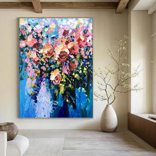 Vibrant Floral Bouquet in Blue Vase - Impasto Flower Painting On Canvas DKH1349